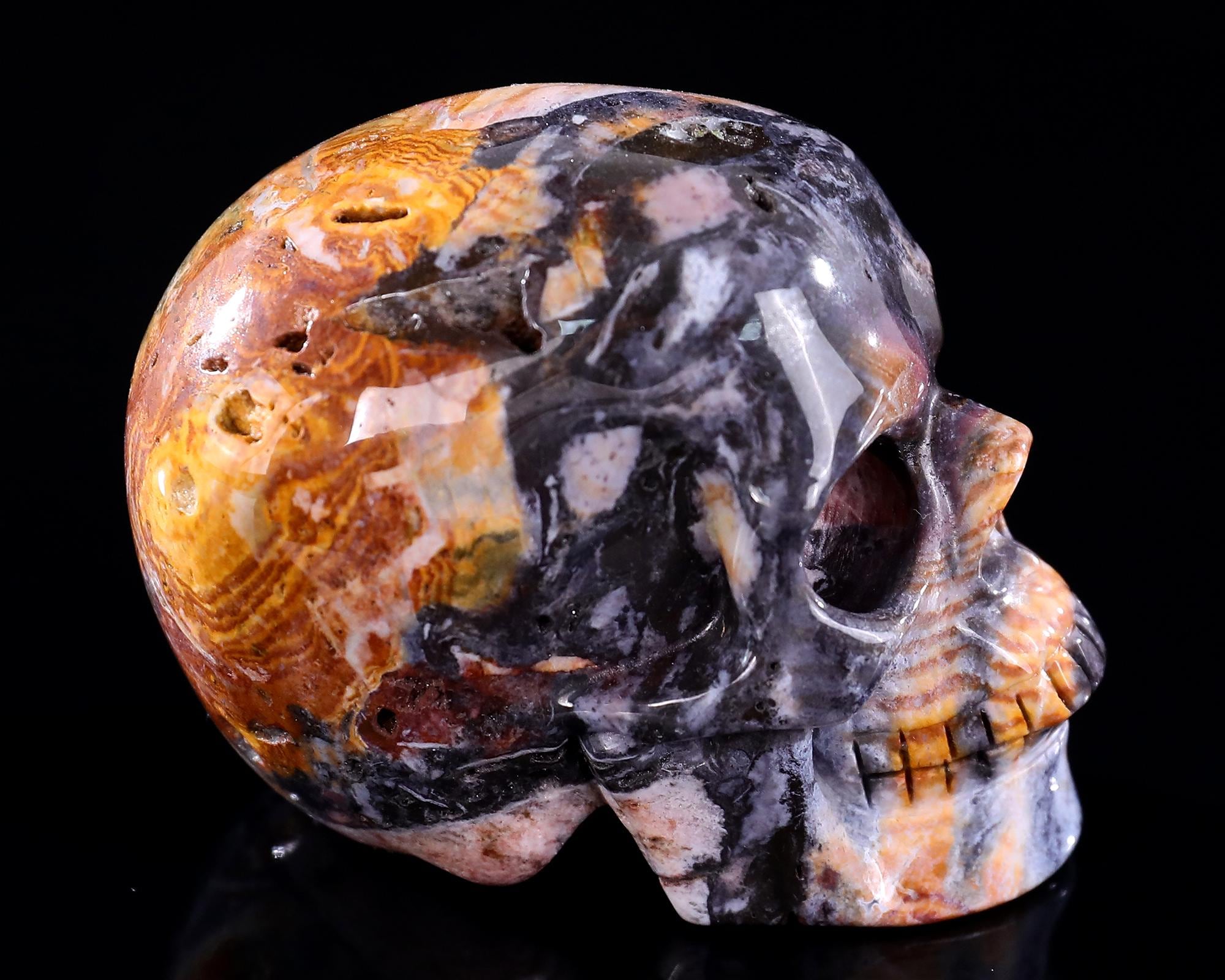 Crâne Sculpté En Agate Dentelle Folle - Pierre Précieuse Réaliste 6,2 Cm, Objet De Décoration Neuf