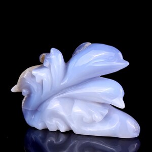 5.3” Natural Blue Chalcedony Hand Carved Crystal Dolphins Sculpture, Unique Crystal Carving for Home Decor & Collectors, Handcrafted Gift