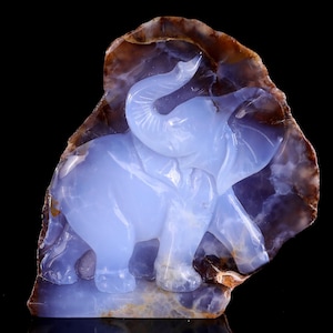5.4” Natural Blue Chalcedony Hand Carved Crystal Elephant Sculpture, Unique Crystal Carving for Home Decor & Collectors, Handcrafted Gift