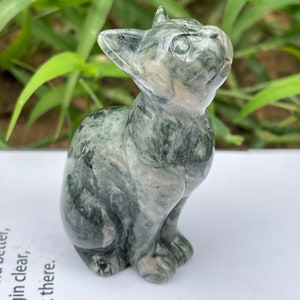 3.0" Nine Dragon Jade Crystal Cat, Hand Carved Green Jade Cat Carvings for Home Decor, Cat Figurnie Cat Statue Gift