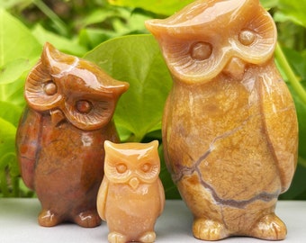 Quartz Rock Crystal Owls, Chalcedony Jasper Owls Family Carving, Yellow Agate Crystal Owl Figrunie, Owl Carving Statue for Home Decor