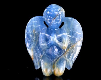 Escultura de ángel de cristal de ónix azul: decoración para el hogar tallada a mano (7,4 cm)