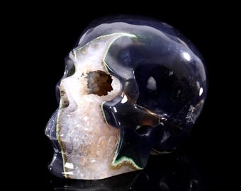 Hand Carved Geode Agate Crystal Skull, Home Decor, Collectors Gift