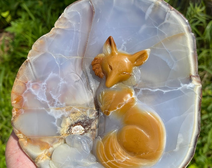 Fox Cathcing Rabbit Original Crystal Fox Catching Rabbit, Blue Chalcedony Geode Carved Fox ...