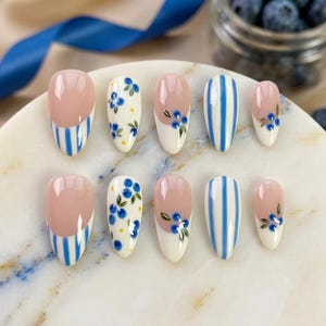 Blueberry nails, Press on nails long almond nails, Summer Nails,Cute nails, Blue striped nails, Fruit nails, Kawaii nails, Birthday nails