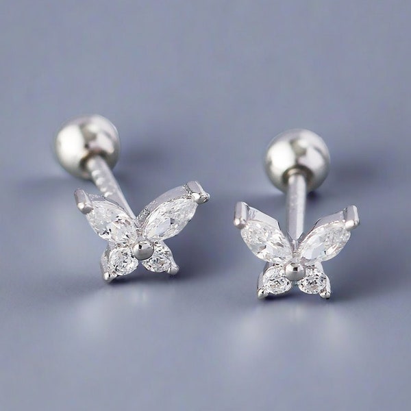 Tiny Butterfly Stud Earrings, 925 Sterling Silver, Mini Butterfly Earrings, Cubic Zirconia Earrings, Screw Ball Stud, Helix Stud, Cartilage