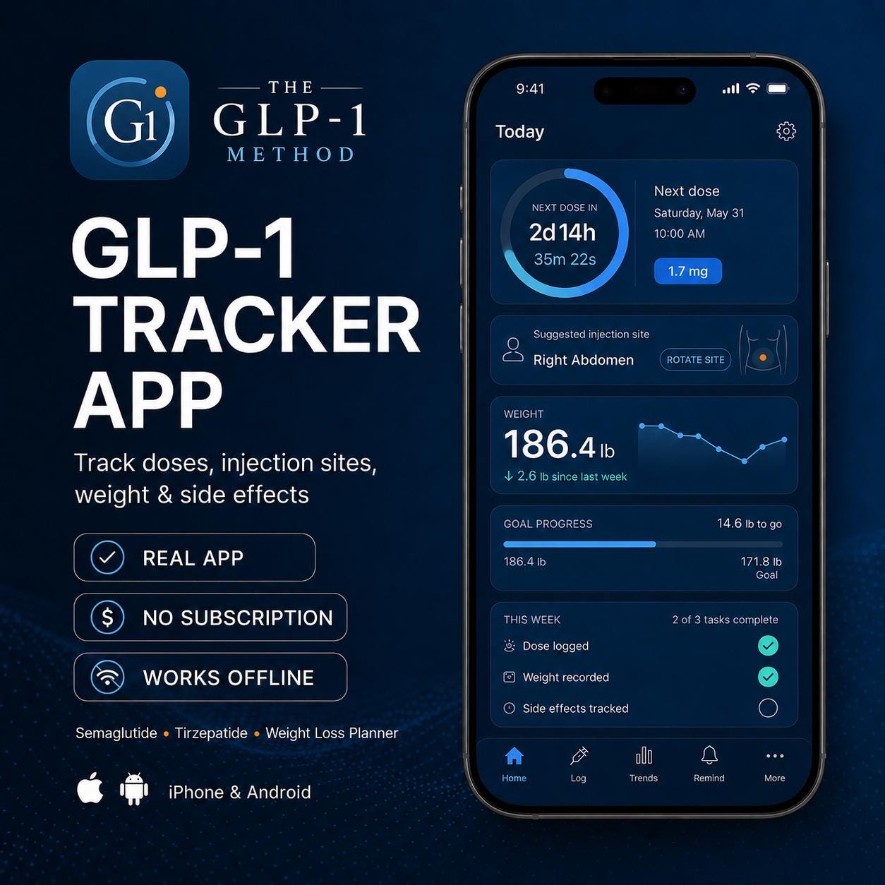 GLP-1 Tracker App | Semaglutide Tirzepatide Injection Log & Weight Loss Planner