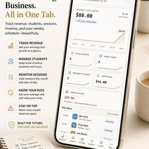 Puede incluir: Un teléfono inteligente muestra la interfaz de la aplicación The Tutor Method, con ingresos de $88.00, estudiantes activos y horarios de sesiones. La pantalla presenta un panel con gráficos, listas de nombres de estudiantes e iconos de navegación.