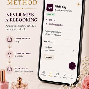 May include: A smartphone displaying a client management app interface titled The Beauty Method, featuring client Nikki Ray's profile, visit history, and rebooking details. Beside the phone are a pink nail polish bottle, a glass jar, two gold rings, and pink roses.