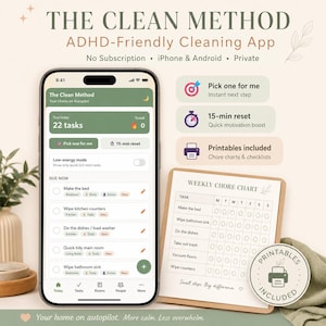ADHD Cleaning App — Auto-Reset Cleaning Schedule, Chore Chart & Kids Printable | Room by Room, 15-Min Reset | No Subscription | Any Phone