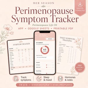 Könnte beinhalten: Ein digitaler Perimenopause-Symptom-Tracker mit dem Text "Her Season". Das Bild zeigt ein Tablet, ein Smartphone und ein druckbares PDF mit Tracking-Diagrammen. Der Tracker hilft, Symptome zu verstehen und sich darauf vorzubereiten.