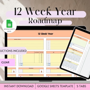 12 Week Year Planner Google Sheets Template, 12 Week Goal Planner Tracker, 3 month Quarterly Goal Planner Annual 90 Day Spreadsheet Template