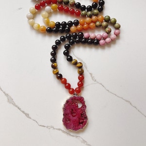 Good Luck Mala Bead Necklace - Tiger&#39;s Eye, Peach Aventurine, Unakite, Red Garnet, Wood Rhodonite, Yellow Jade & Cornalian Agate