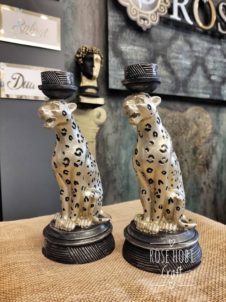 Leopard Candle Holder, Leopard Statue, Leopard Candlestick Table Light