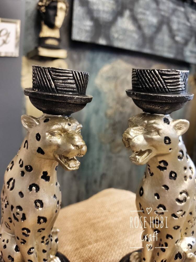 Leopard Candle Holder, Leopard Statue, Leopard Candlestick Table Light