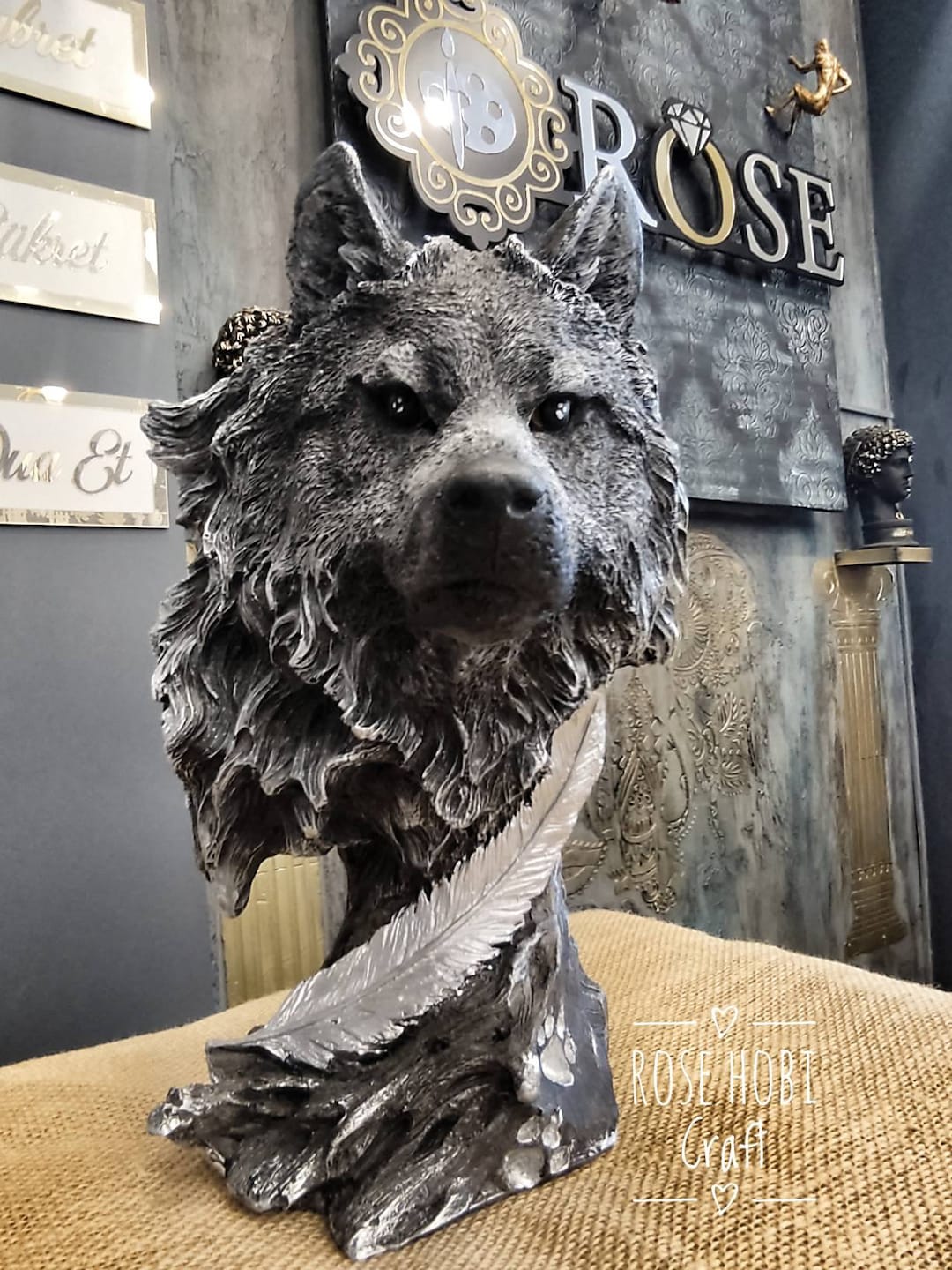 Wolf Bust Statue, White and Gray Wolf Sculpture, Animal Statue, Gift