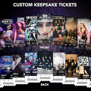 May include: A collection of custom keepsake tickets featuring various artists and events. The tickets display images of performers and bands, with text including event names and dates. The tickets are arranged in rows, with "FRONT" and "BACK" labels.