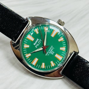 Vintage HMT Pilot Watch Green Dial Hand Winding {self winding} Men&#39;s Watch Movement 17 jewels