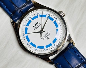 Vintage HMT Pilot Watch: White & Blue Dial, Hand-Winding, 17 Jewels