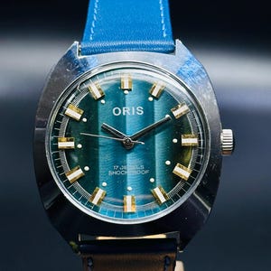 Rare Vintage Oris Watch, Blue Figure Dial ,17 Jewels FHF Movement ST-96 [Self Winding]Swiss Made , Men&#39;s Wrist Watch, Transparent Back
