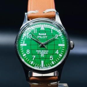 Rare Vintage HMT Pilot Watch Green Dial Hand Winding {self winding} Men&#39;s Watch Movement 17 jewels