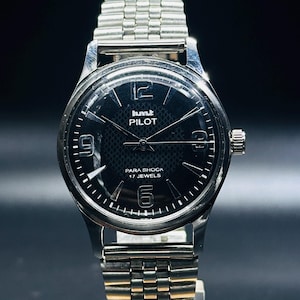 Rare Vintage HMT Pilot Watch Black Dial Hand Winding {self winding} Men&#39;s Watch Movement 17 jewels