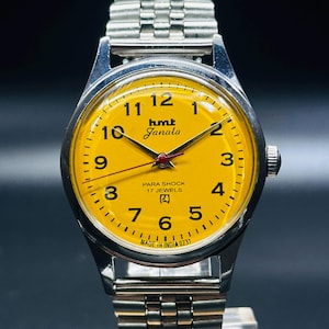 Vintage HMT Janata Watch Yellow Dial Hand Winding {self winding} Men&#39;s Watch Movement 17 jewels