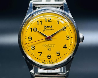 Vintage HMT Janata Watch Yellow Dial Hand Winding {self winding} Men&#39;s Watch Movement 17 jewels