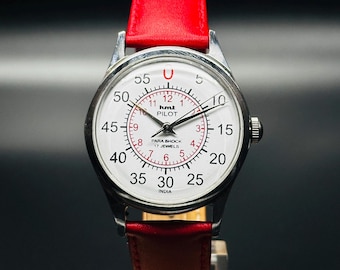 Vintage HMT Pilot Watch: White Dial, Red Band, 17 Jewels