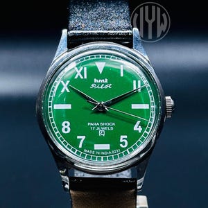 Rare Vintage HMT Pilot Watch Green Dial Hand Winding {self winding} Men&#39;s Watch Movement 17 jewels