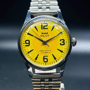 Rare Vintage HMT Pilot Watch Yellow Dial Hand Winding {self winding} Men&#39;s Watch Movement 17 jewels