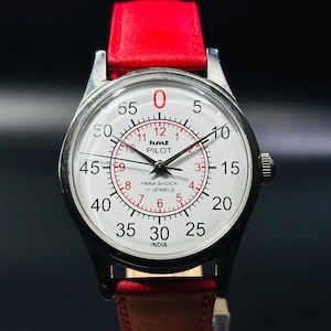 Rare Vintage HMT Pilot Watch White-Red Dial Hand Winding {self winding} Men&#39;s Watch Movement 17 jewels