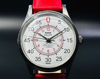 Vintage HMT Pilot Watch: White-Red Dial, 17 Jewels, Hand Winding