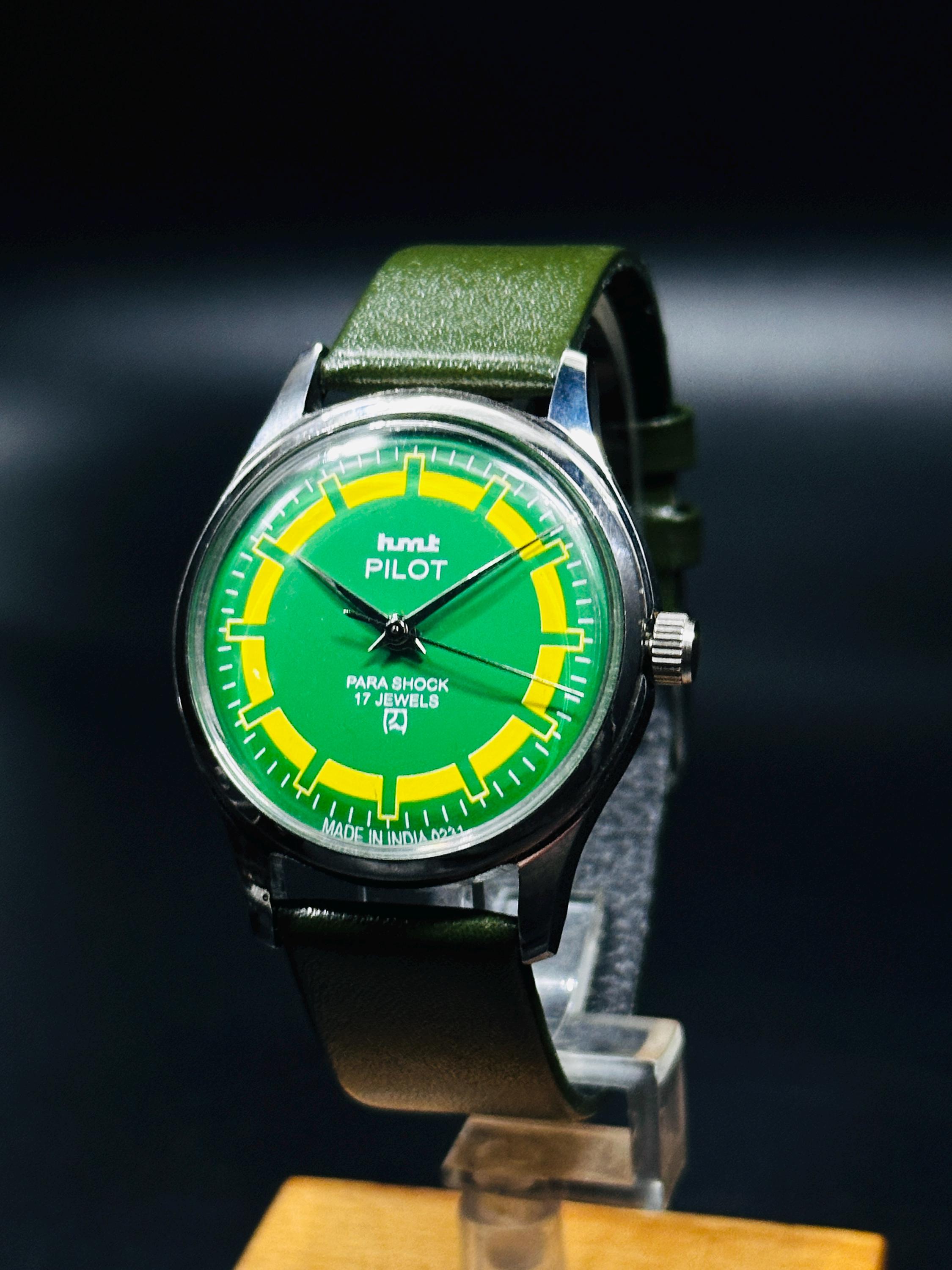 Vintage HMT Pilot Watch: Green Dial, Hand-winding, 17 Jewels - Etsy