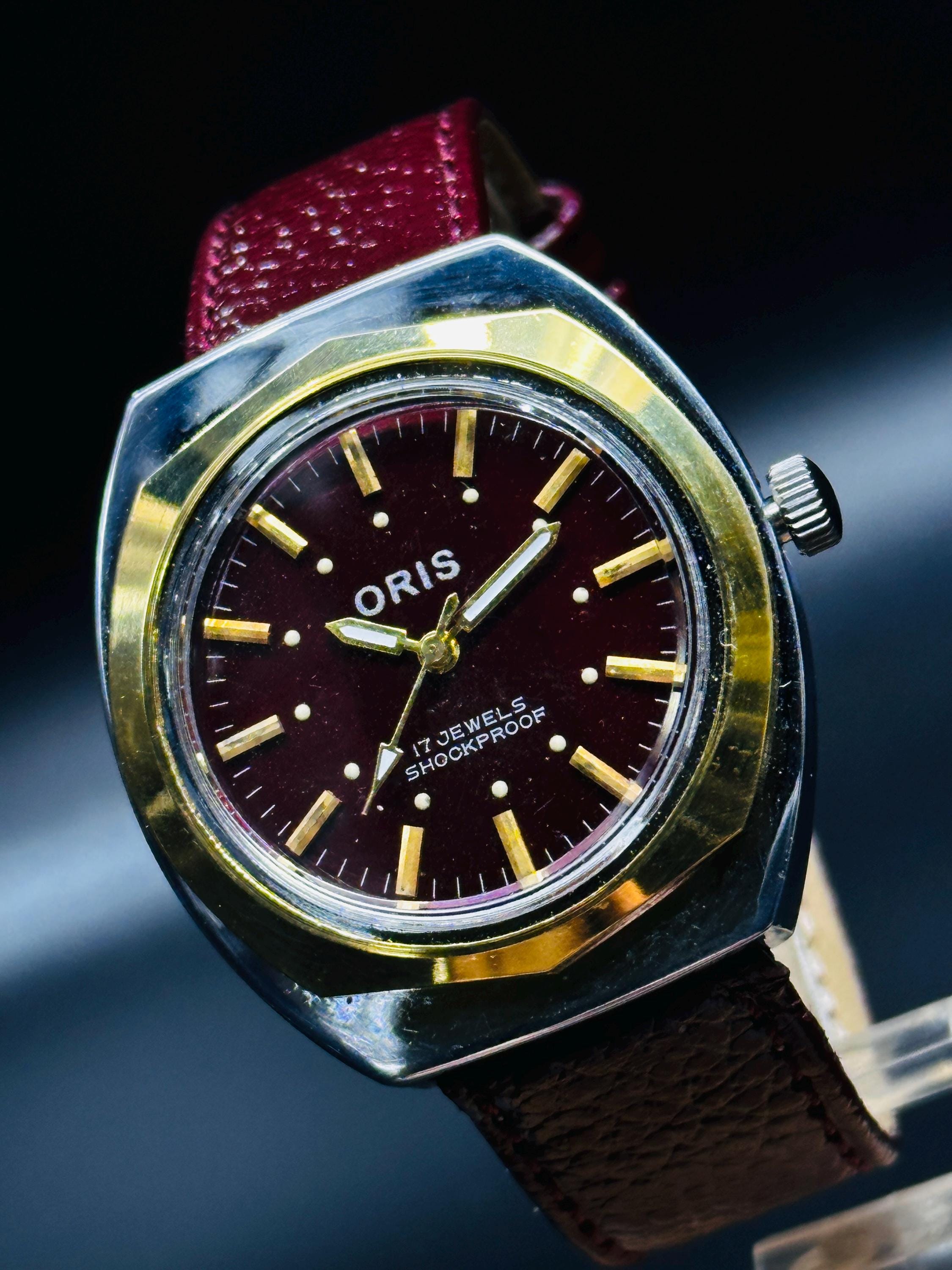 Vintage Oris Men's Wrist Watch: Cherry Dial, 17 Jewels, Swiss Made