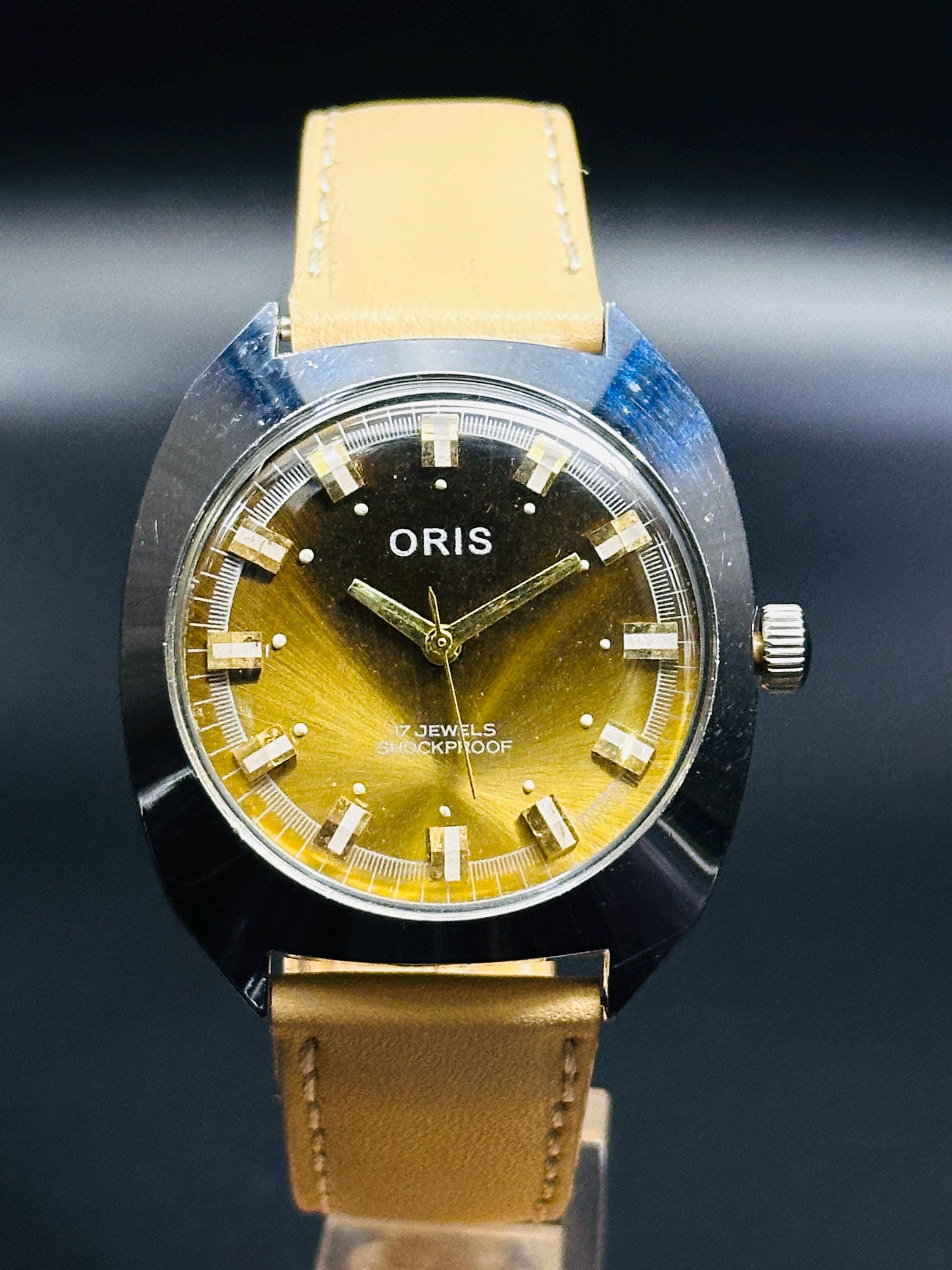 Vintage Oris Men's Wrist Watch: Gold-brown Dial, 17 Jewels, Swiss