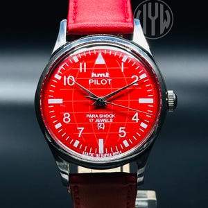 Vintage HMT Pilot Watch Red Dial Hand Winding {self winding} Men&#39;s Watch Movement 17 jewels