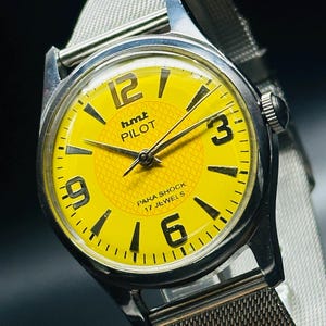 Vintage HMT Pilot Watch Yellow Dial Hand Winding {self winding} Men&#39;s Watch Movement 17 jewels