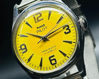 Vintage HMT Pilot Watch Yellow Dial Hand Winding {self winding} Men&#39;s Watch Movement 17 jewels