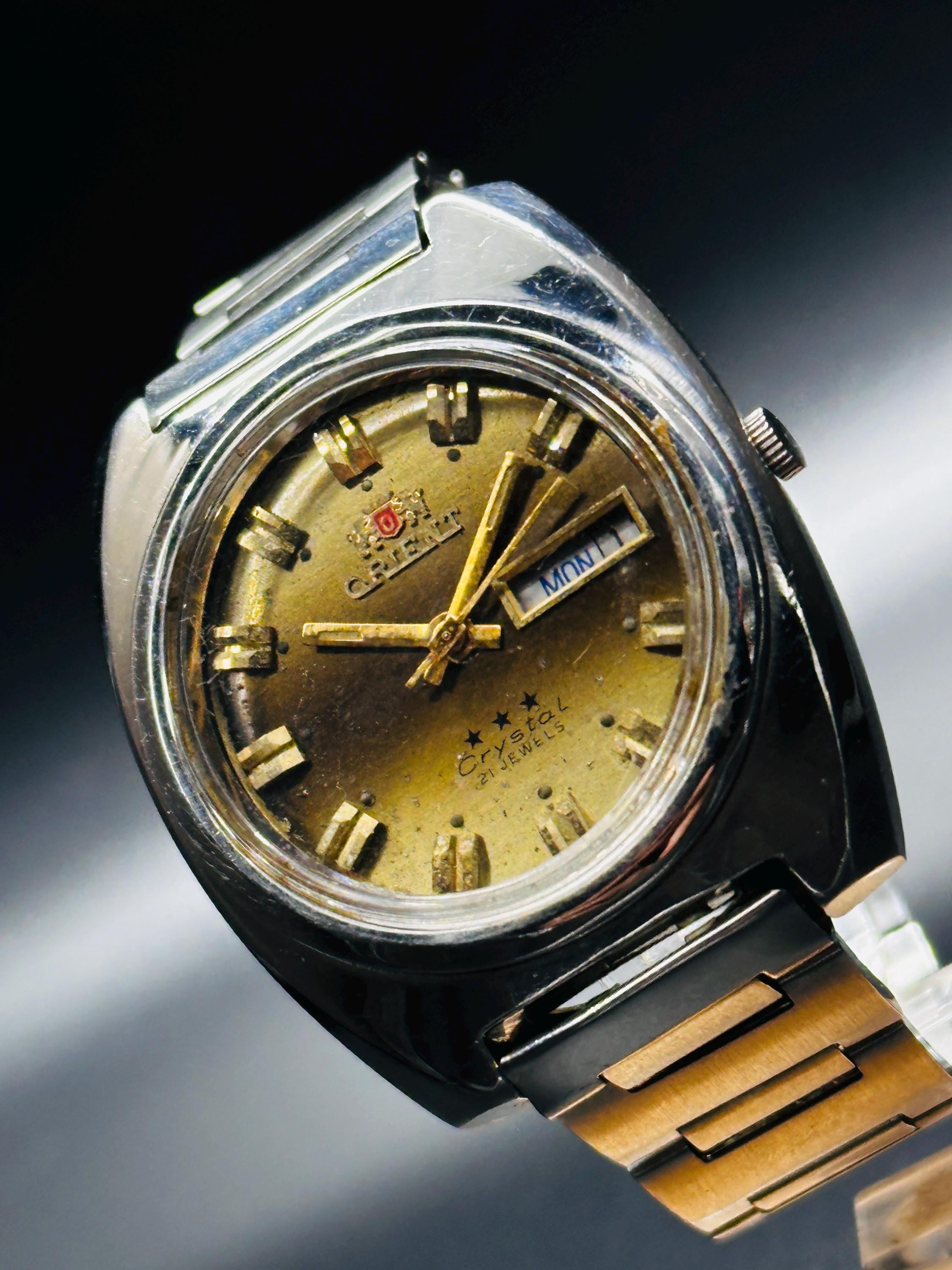 Vintage Orient Crystal Automatic Watch: Gold Dial, Day/date - Etsy