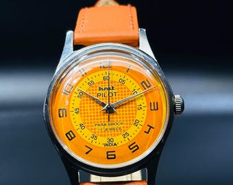 Vintage HMT Pilot Watch Orange  Dial Hand Winding {self winding} Men&#39;s Watch Movement 17 jewels