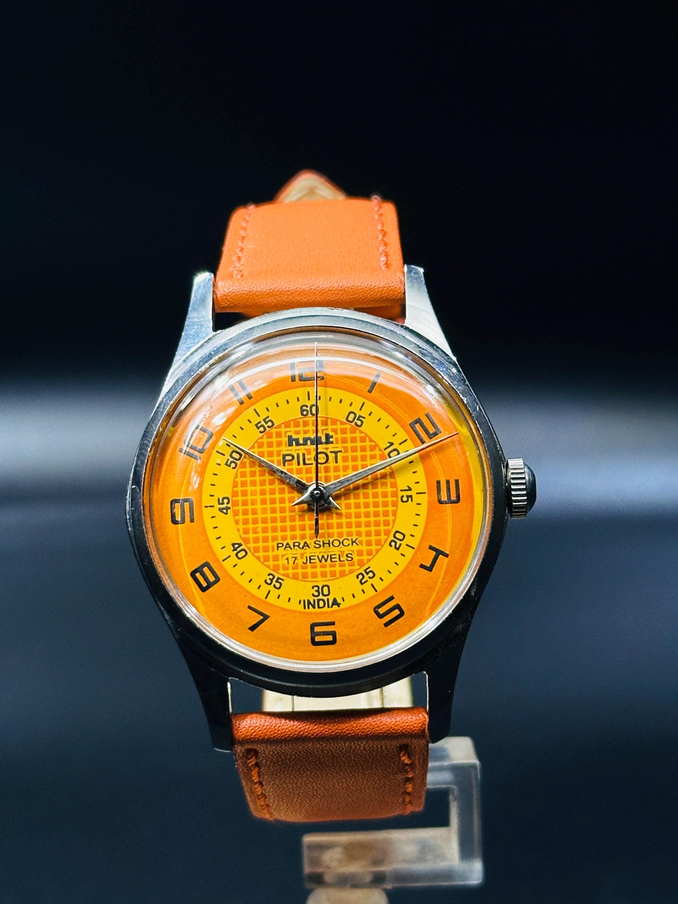 Vintage HMT Pilot Watch Orange  Dial Hand Winding {self winding} Men's Watch Movement 17 jewels