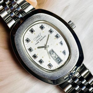 Rare Vintage Camy Geneve Time Square 17 Automatic Jewels Day/Date Silver Dial Swiss Made Men's Wrist Watch