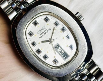 希少なヴィンテージ Camy Geneve タイムスクエア 17 自動巻き デイ/デイト シルバー文字盤 スイス製 メンズ腕時計