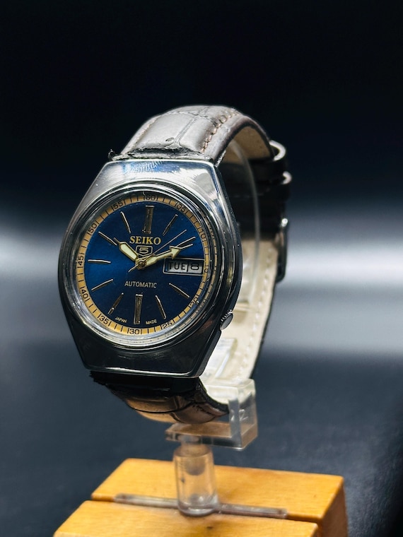 腕時計５レトロアンティーク ヴィンテージSEIKO デジタル腕時計 ステンレス ヴィンテージ セイコー5 自動巻き腕時計：ブルー文字盤、シルバー