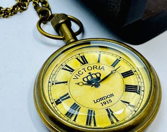 Antique Vintage Maritime Victoria London 1875 Brass Pocket Watch  Handmade With Wooden Box