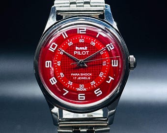 Rare Vintage HMT Pilot Watch Red Dial Hand Winding {self winding} Men&#39;s Watch Movement 17 jewels
