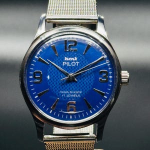 Vintage HMT Pilot Watch blue Dial Hand Winding {self winding} Men&#39;s Watch Movement 17 jewels
