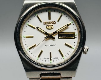 Vintage Seiko 5 Automatic Watch: White Dial, Stainless Steel, Japan Made