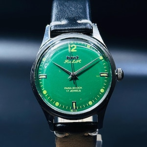Rare Vintage HMT Pilot Watch Green Dial Hand Winding {self winding} Men&#39;s Watch Movement 17 jewels